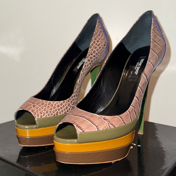 Ruthie Davis Popsicle Croc Brown and Green Peep-Toe Heels - Picture 2 of 5